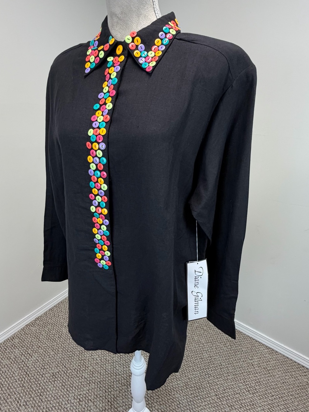 VTG Diane Gilman Black Linen Blend Blouse Top Sz XL Multicolor Button Accent NWT - Picture 5 of 15